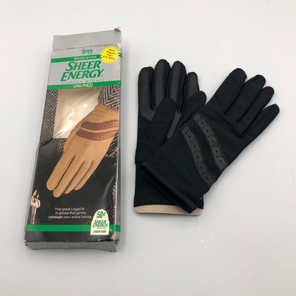 Vintage Legg's Sheer Energy Stretch Black Driving Gloves Unlined One Size 1990